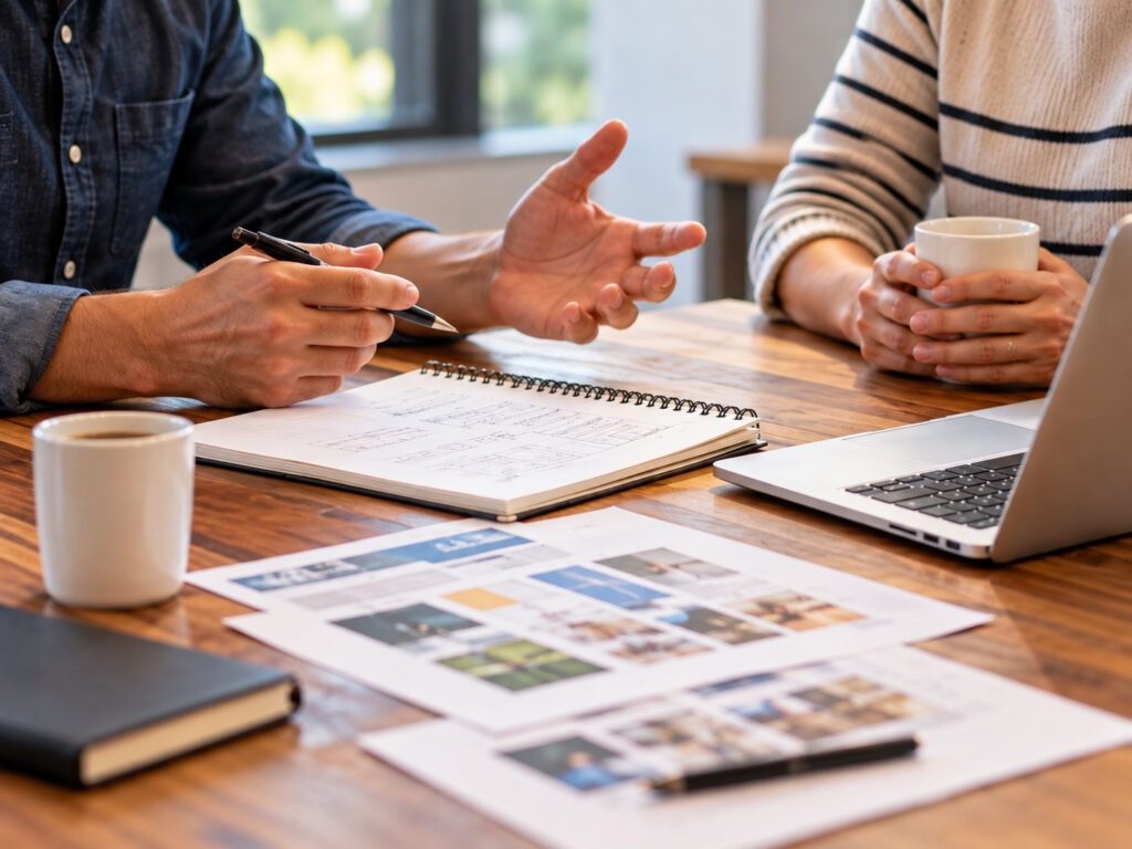 Two people in a meeting discuss plans at a wooden table, with a spiral notebook, papers, a laptop, and coffee mugs nearby. | Addicott Web - Raleigh Web Designer & Website Design | Addicott Web - Raleigh Web Designer & Website Design