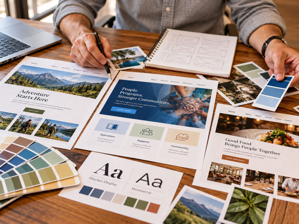 Designer at a wooden desk reviewing website mockups with color swatches and a laptop nearby | Addicott Web - Raleigh Web Designer & Website Design | Addicott Web - Raleigh Web Designer & Website Design