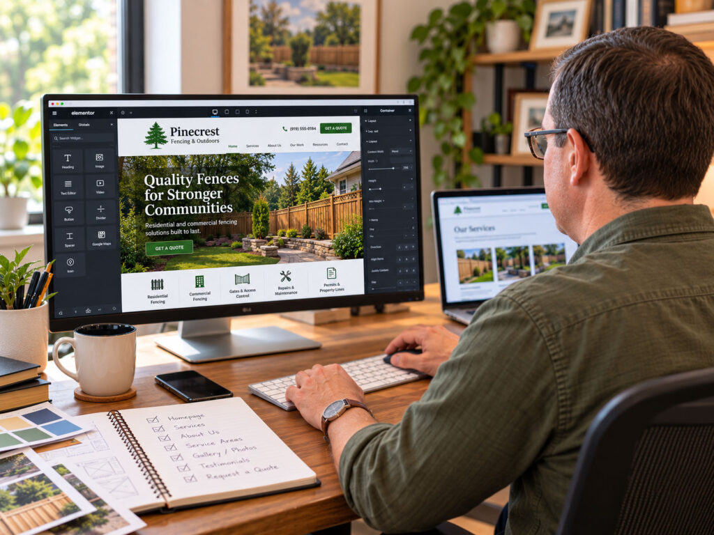 Man at a desk edits a fencing company website on a large monitor; the screen shows 'Pinecrest Fencing & Outdoors' with a backyard fence image. | Addicott Web - Raleigh Web Designer & Website Design | Addicott Web - Raleigh Web Designer & Website Design