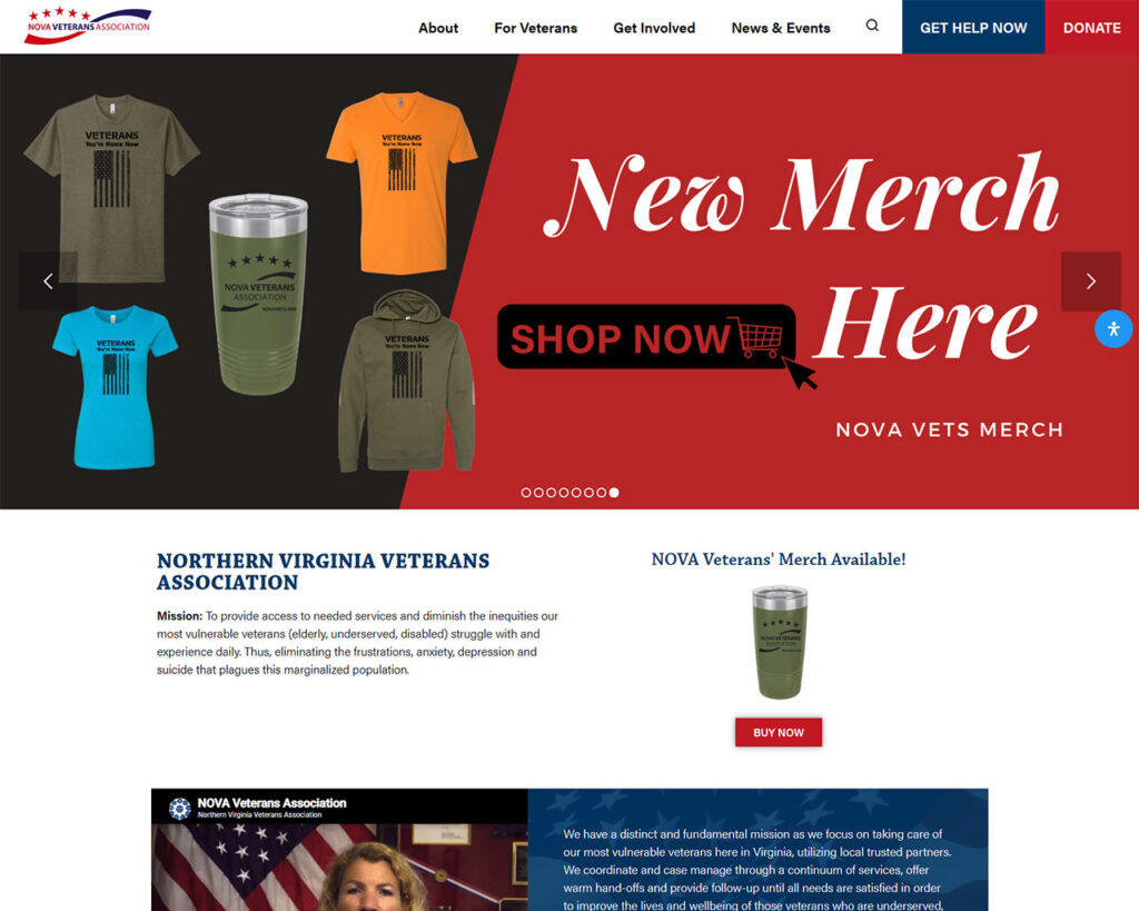 Hero banner announcing new Nova Veterans Association merch with colorful tees and a tumbler on the left and a red 'New Merch Here' panel on the right, plus a 'Shop Now' button.
