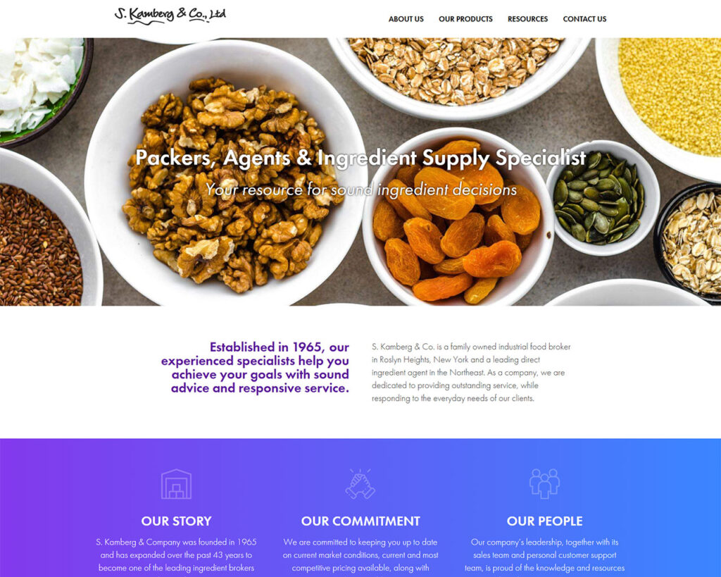Hero banner with bowls of assorted ingredients (nuts, dried fruit, grains) illustrating the company as a packer, agent and ingredient supply specialist.